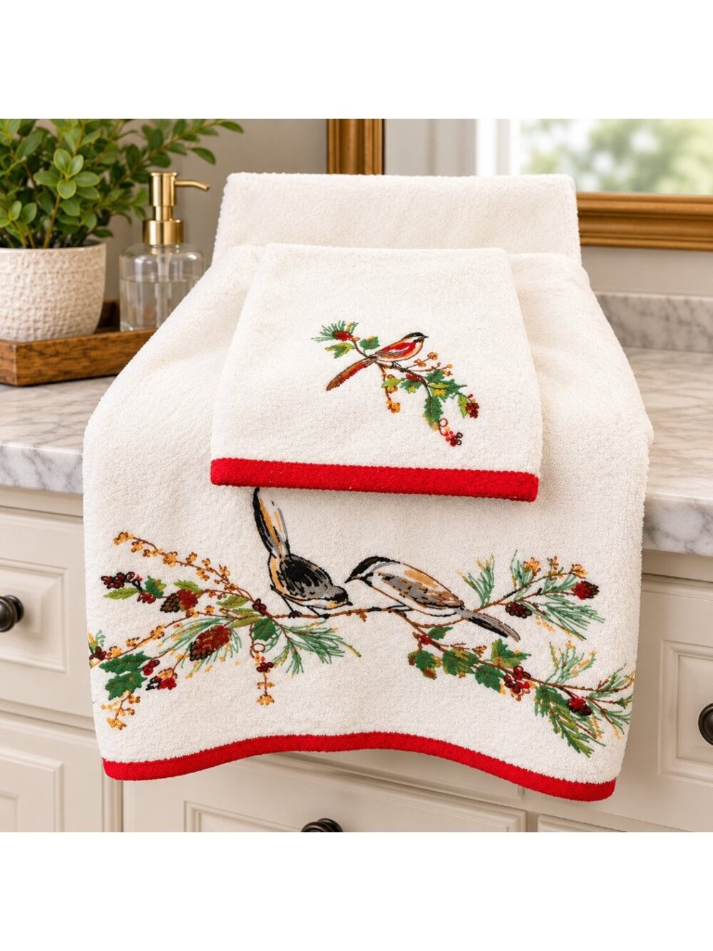 2 Lenox Chirping Bird Towels 1 Bath and 1 Hand Red Trim Read